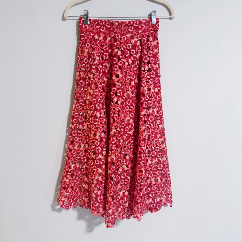 Dress the Population - Red Floral Embroidered Midi Skirt